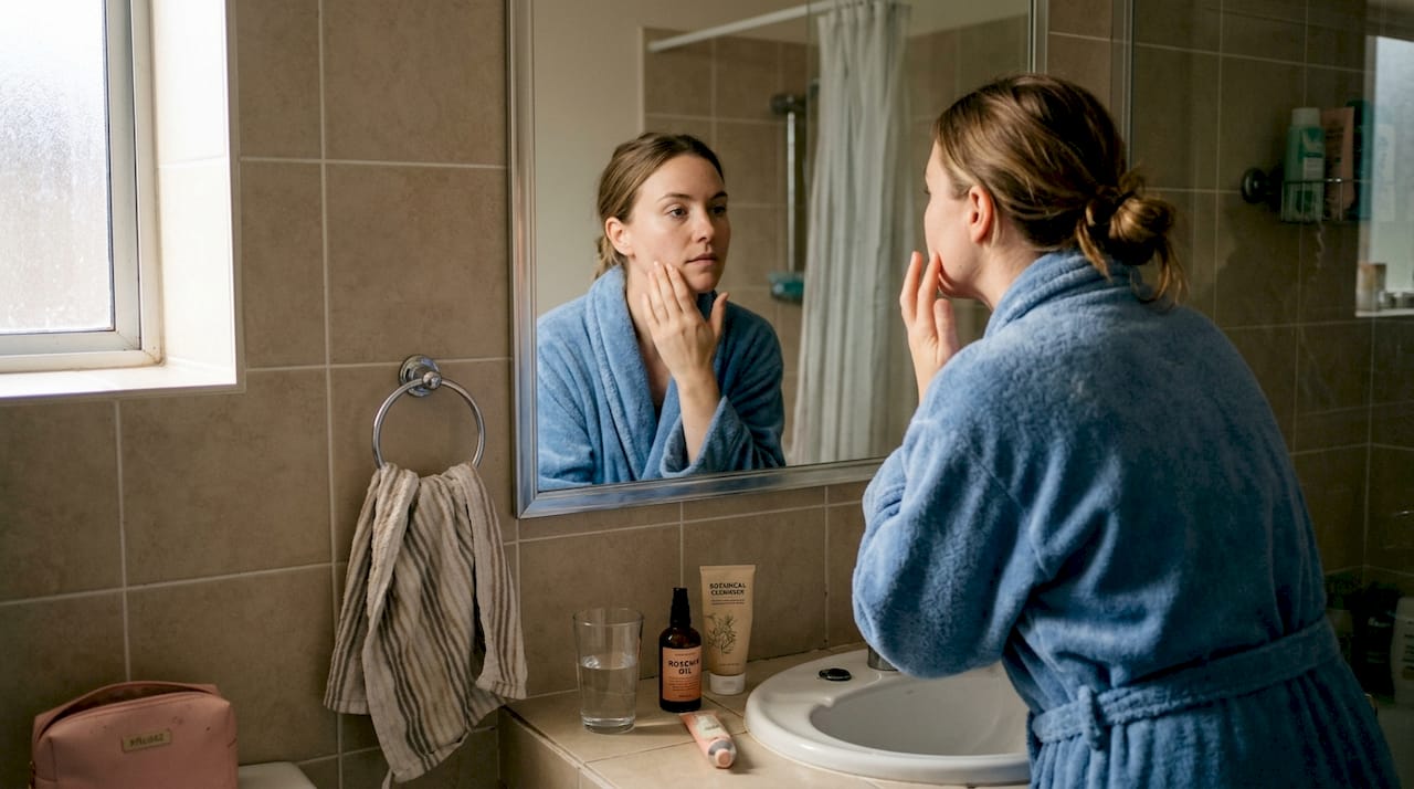 Woman checking skin after skincare routine