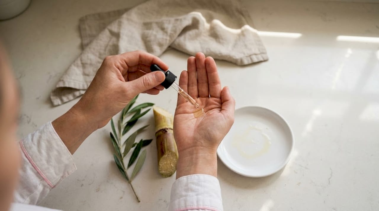 Hands dispense plant oil into palm