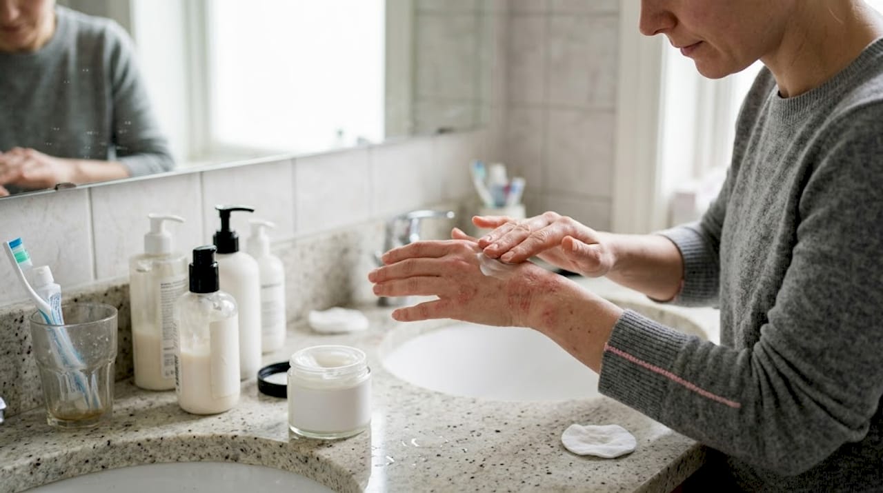 Hands with eczema apply moisturizer at sink