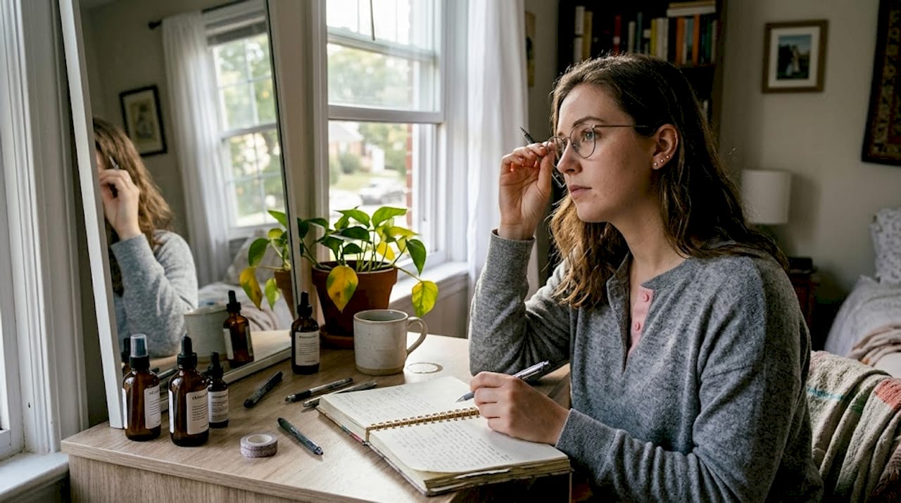 Woman reflecting at bedroom desk with beauty journal