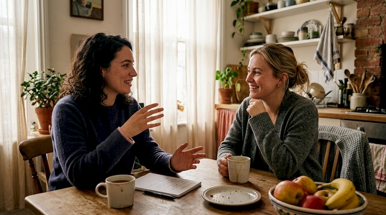 Two women sharing stories at kitchen table