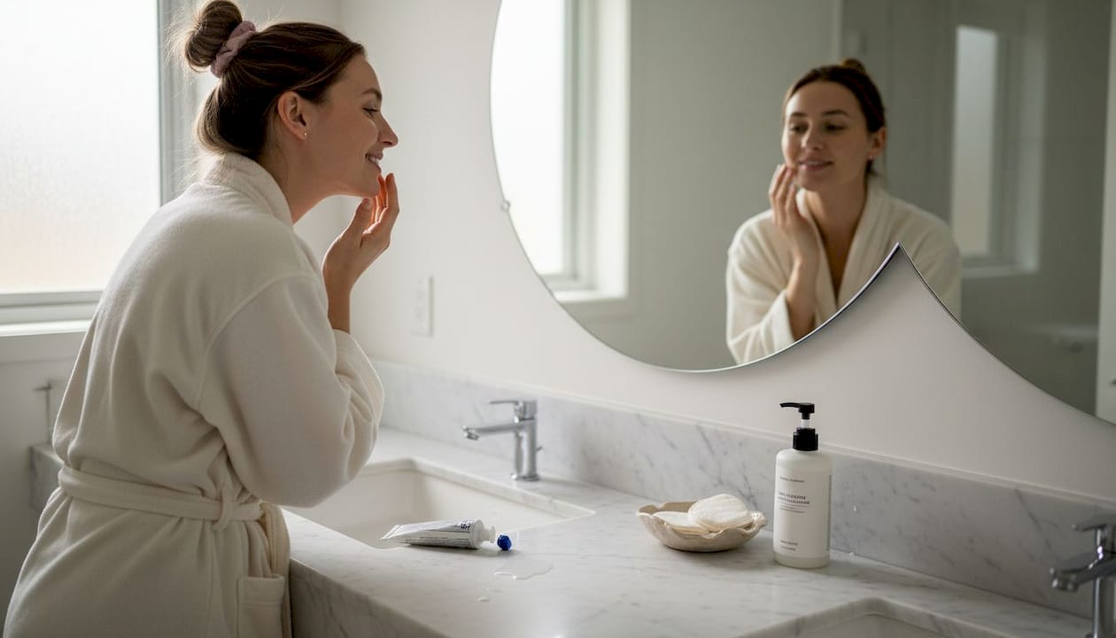 Woman reflecting during daily skincare routine