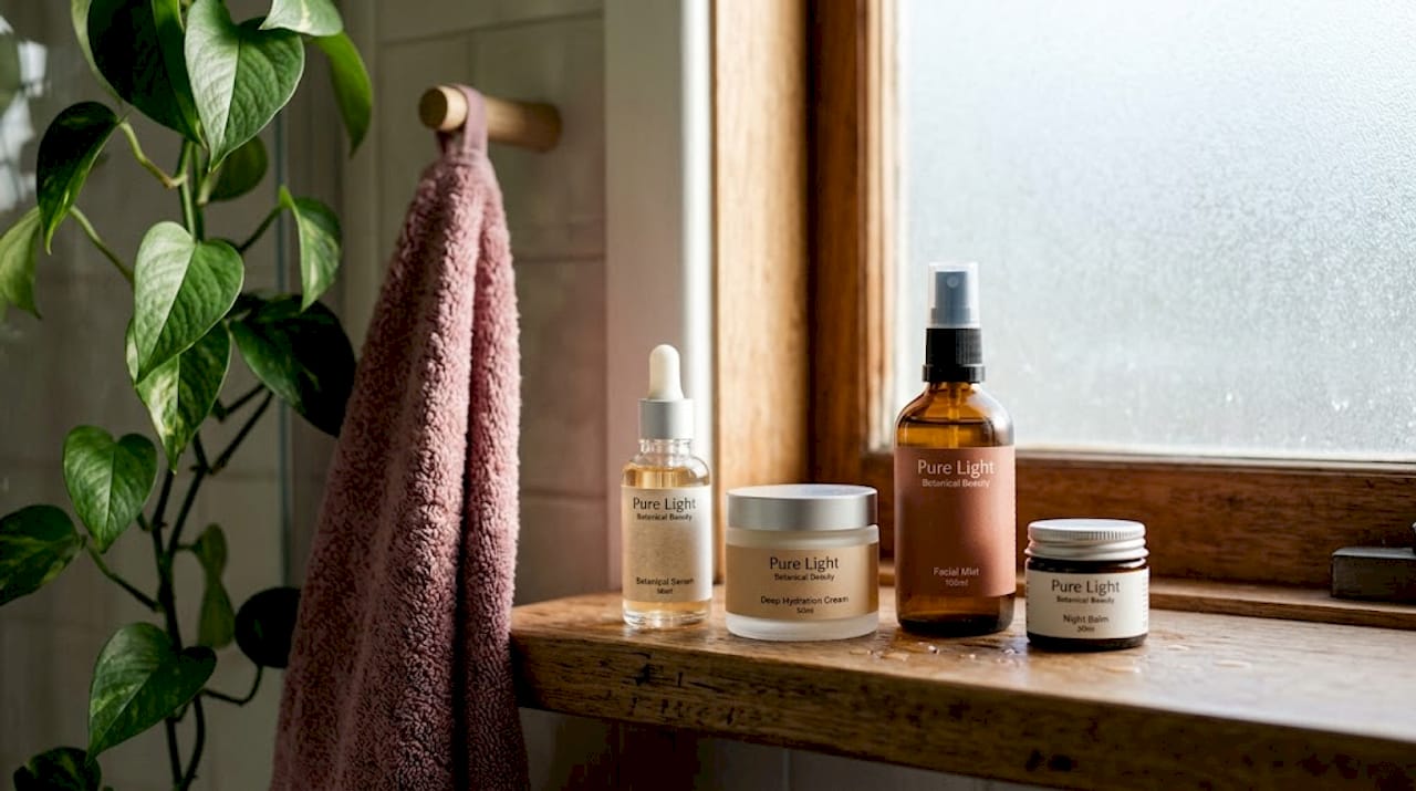 Close-up of shelf with sensitive skincare products