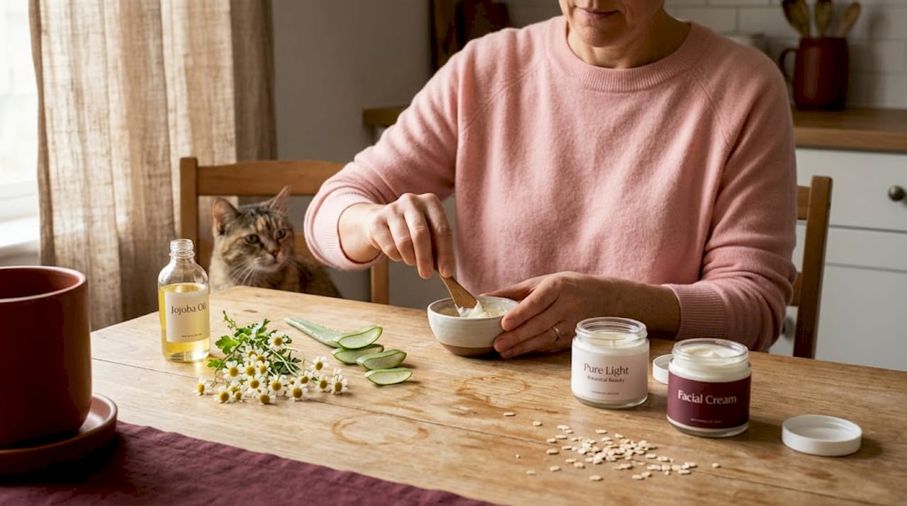 Person mixing vegan skincare with natural ingredients