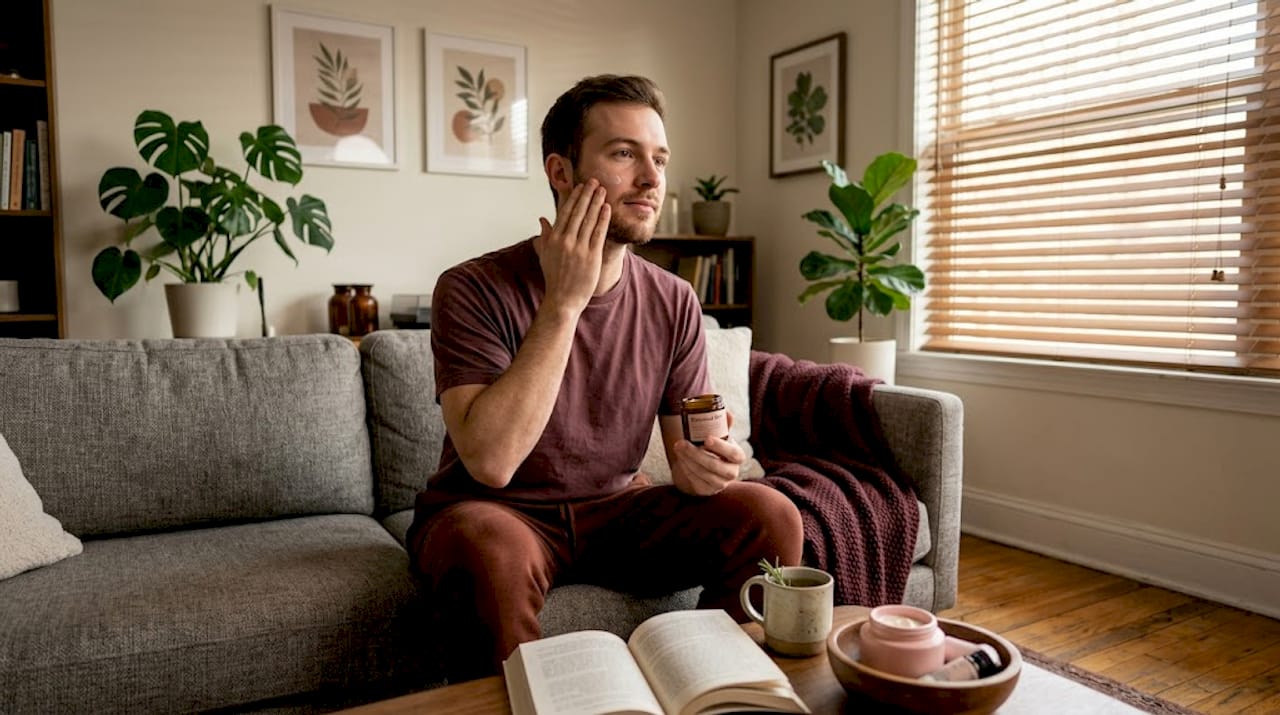 Man applying moisturizer in relaxed home