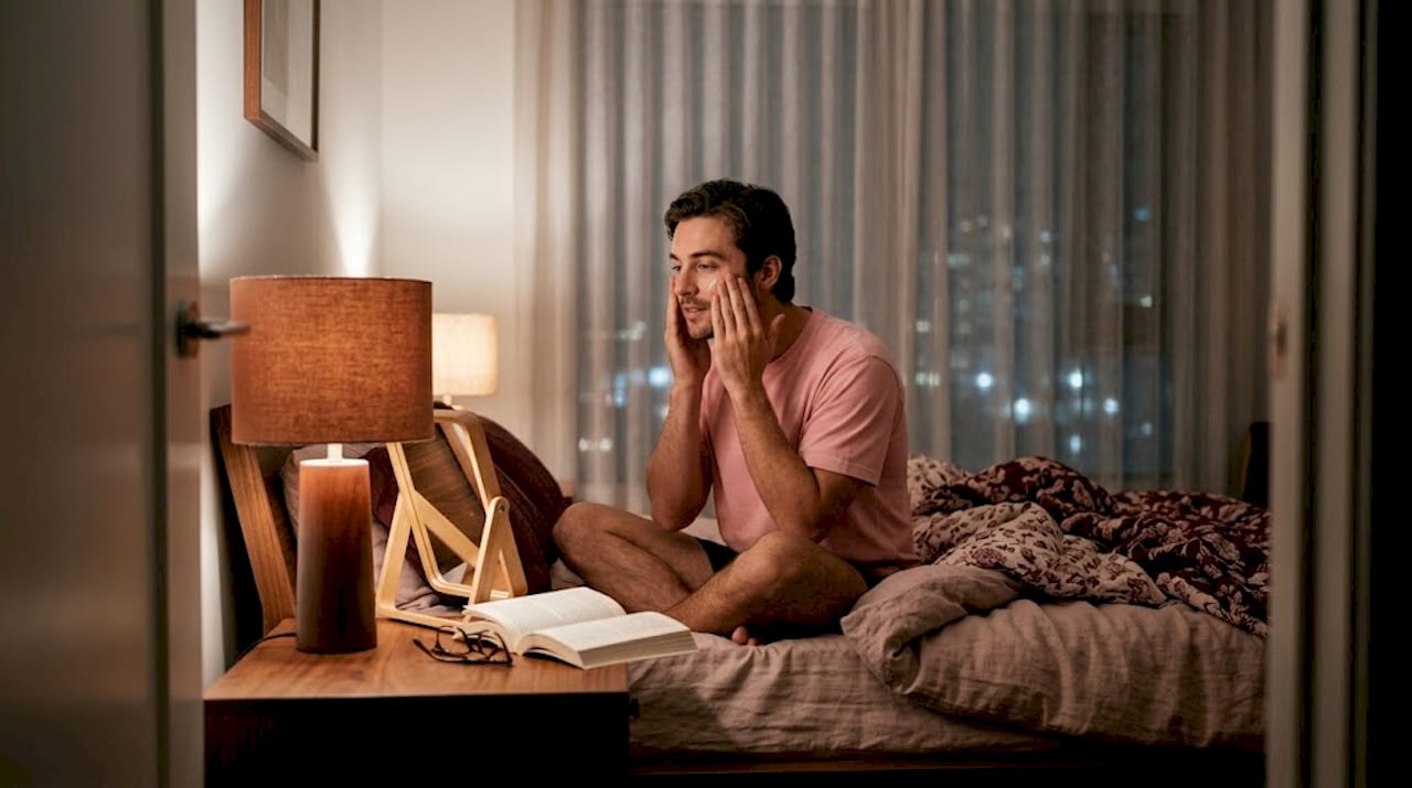 Man applies moisturizer during mindful skincare ritual