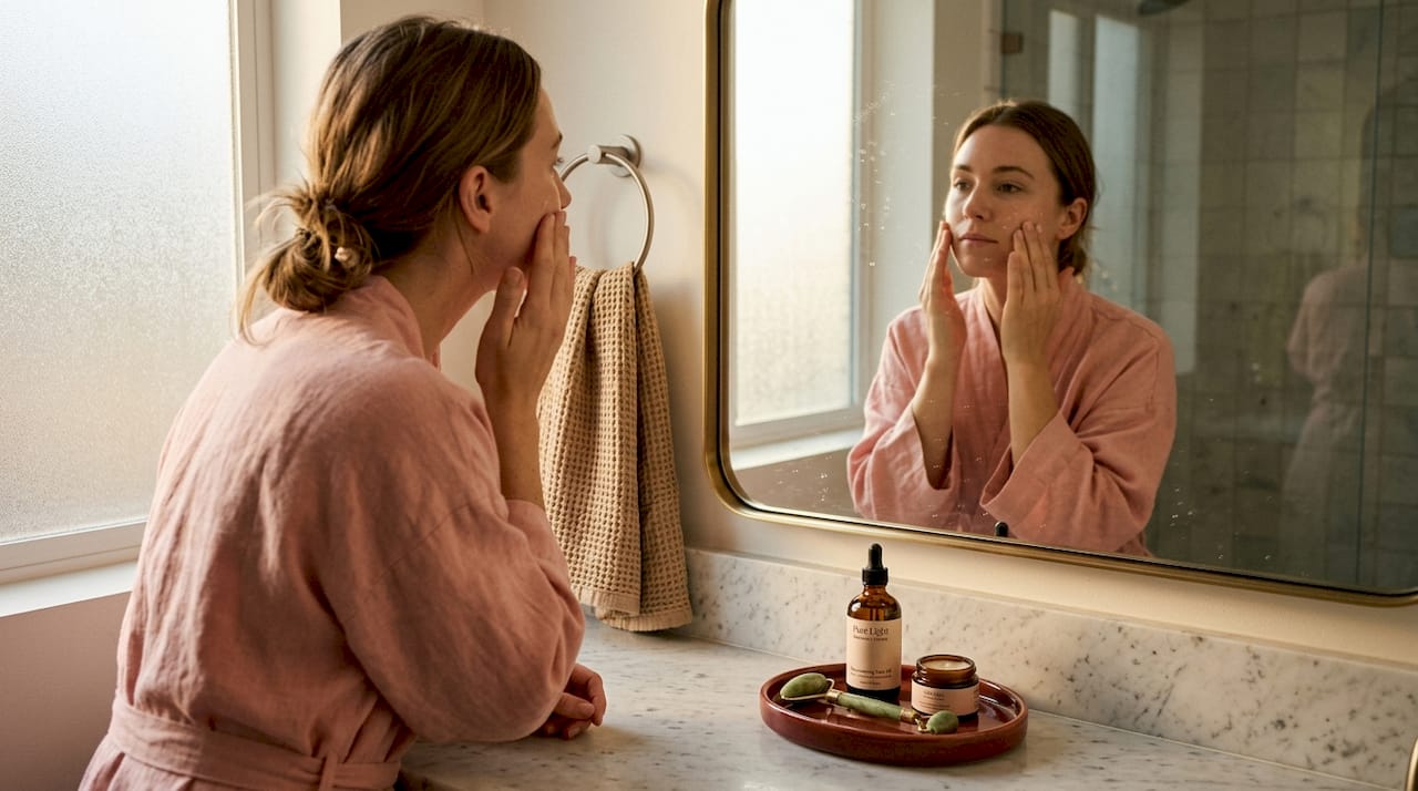 Woman practicing daily healing skincare routine