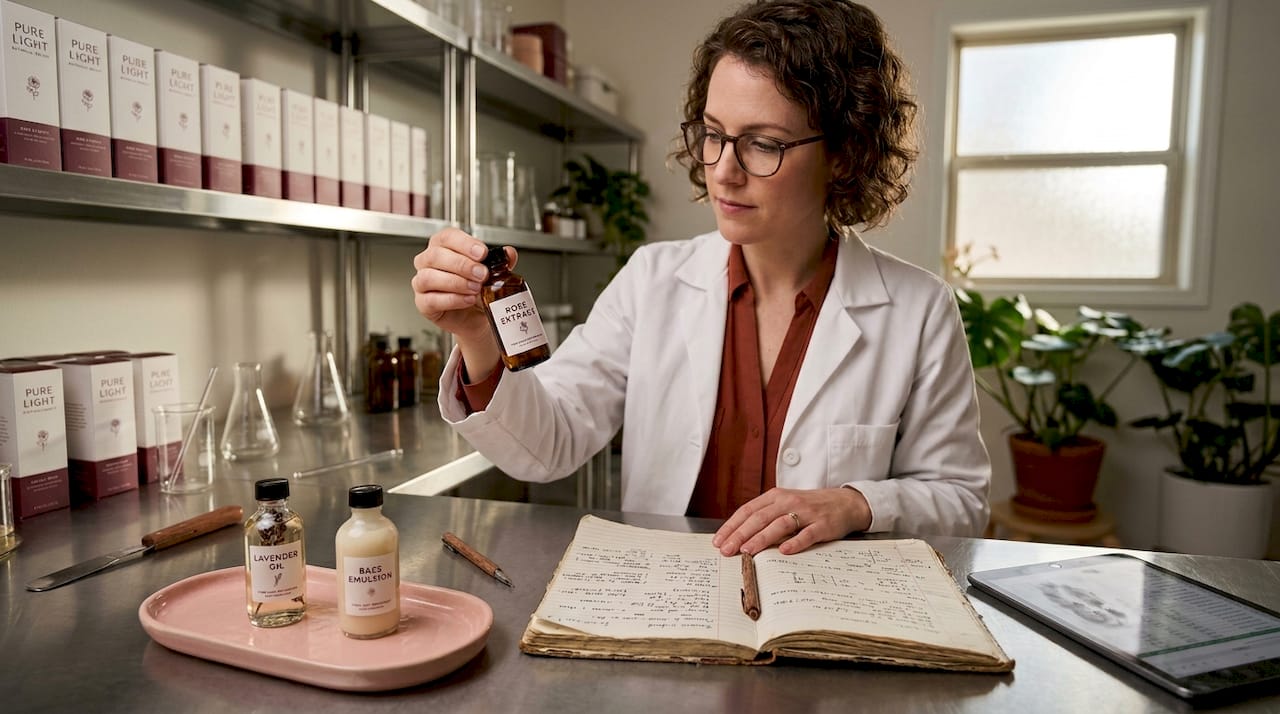 Cosmetic chemist reviewing makeup ingredient options