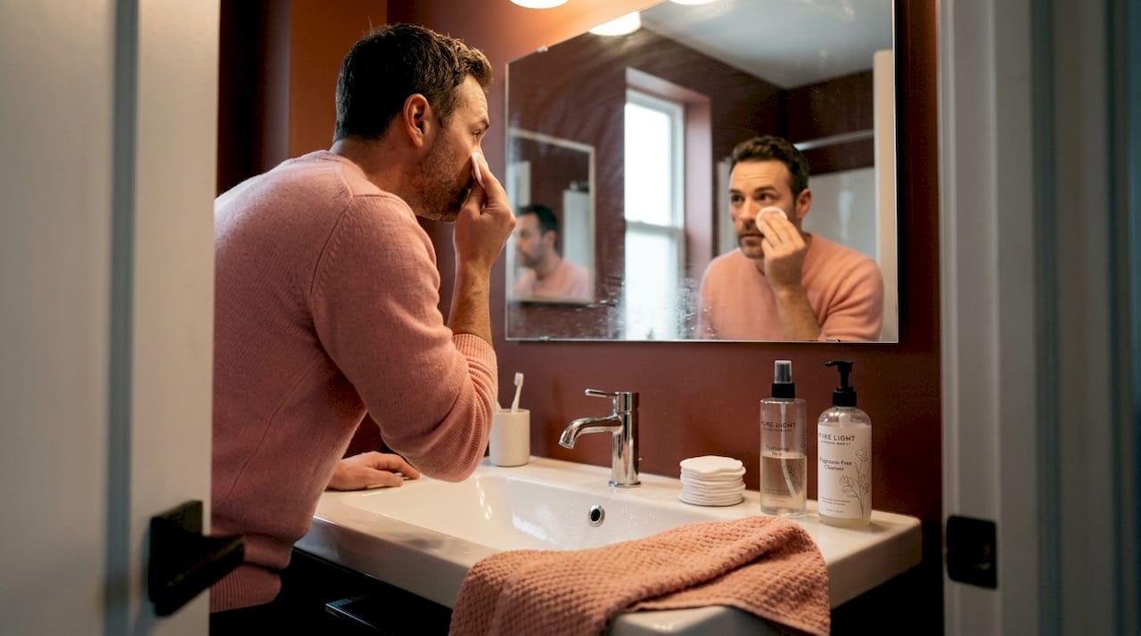 Man removing makeup in cozy bathroom