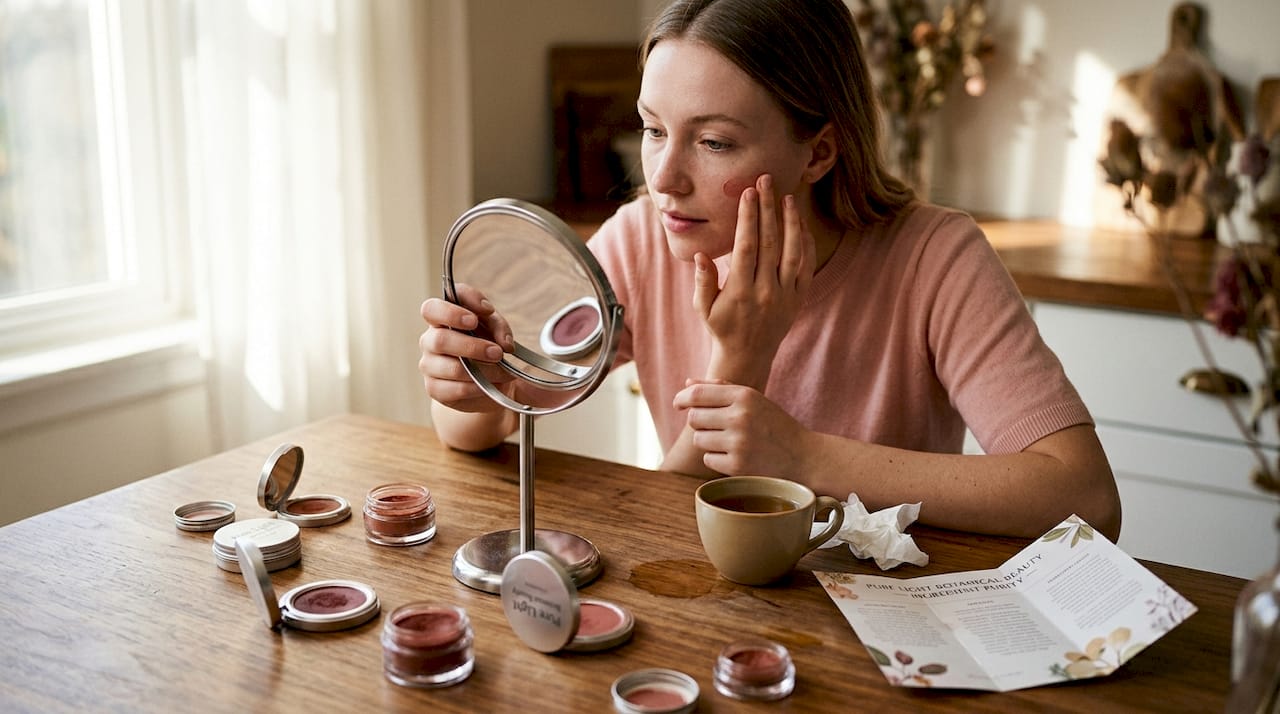 Woman comparing organic blushes at kitchen table