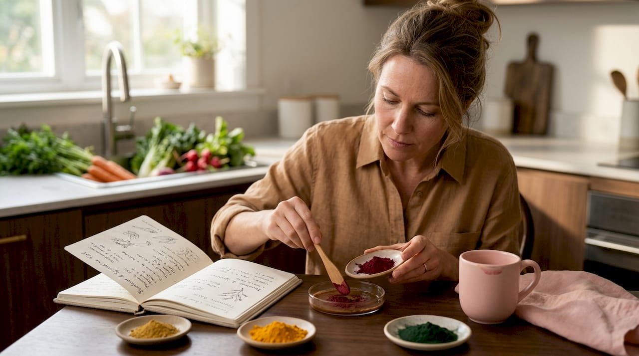 Woman mixing plant pigment makeup at kitchen table