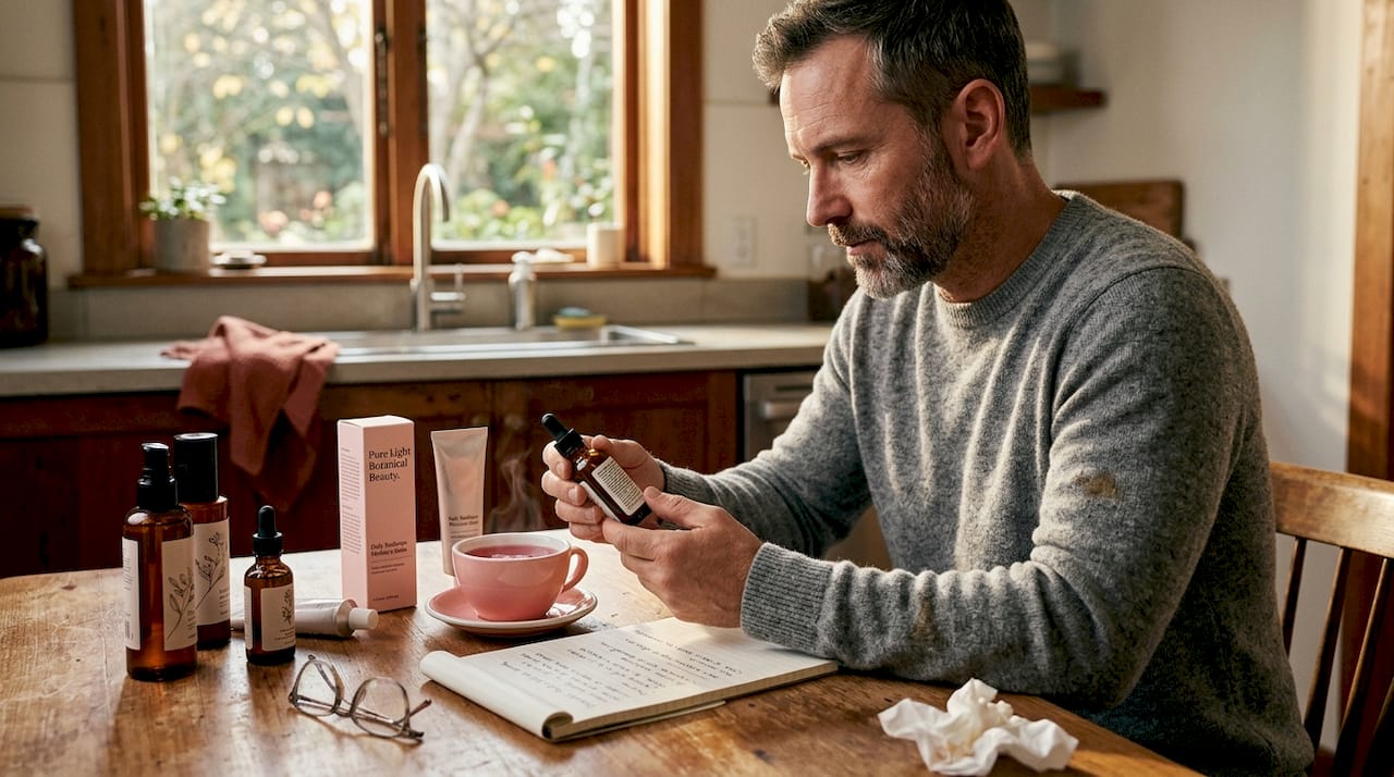 Man checking skincare product ingredients at kitchen table