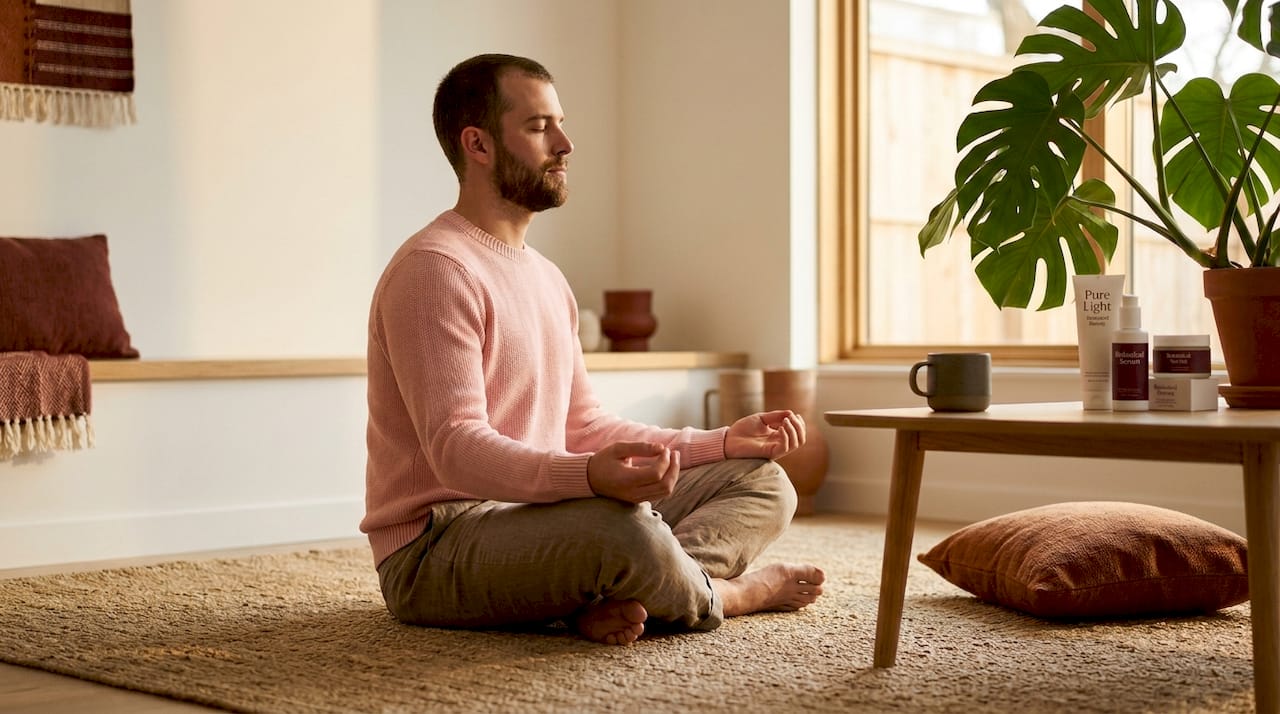 Man practicing mindful meditation for skin health