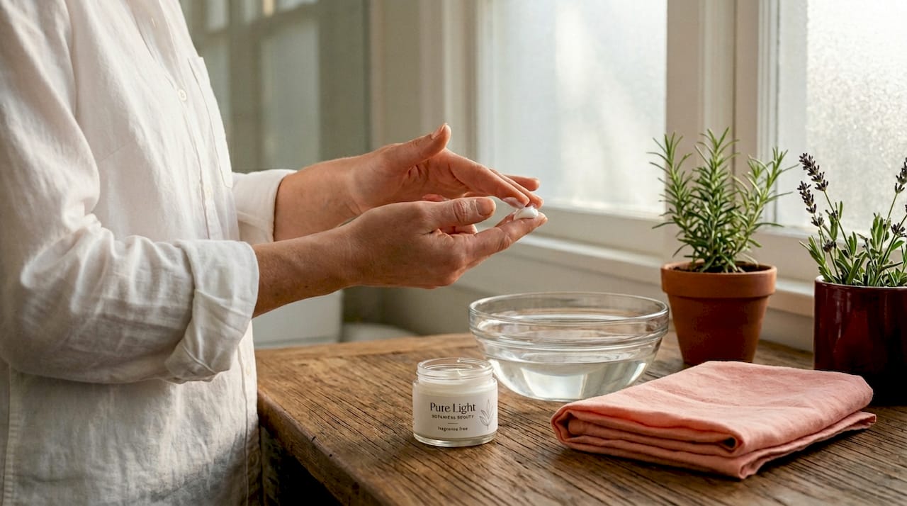 Simple skincare steps at kitchen table