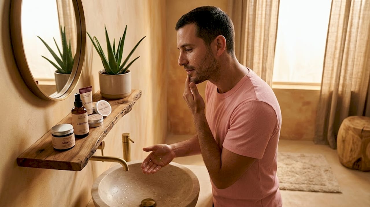 Man applying aloe gel to hydrated skin