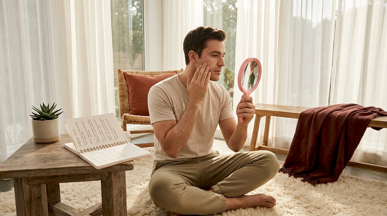 Man monitoring skin for sensitivity changes