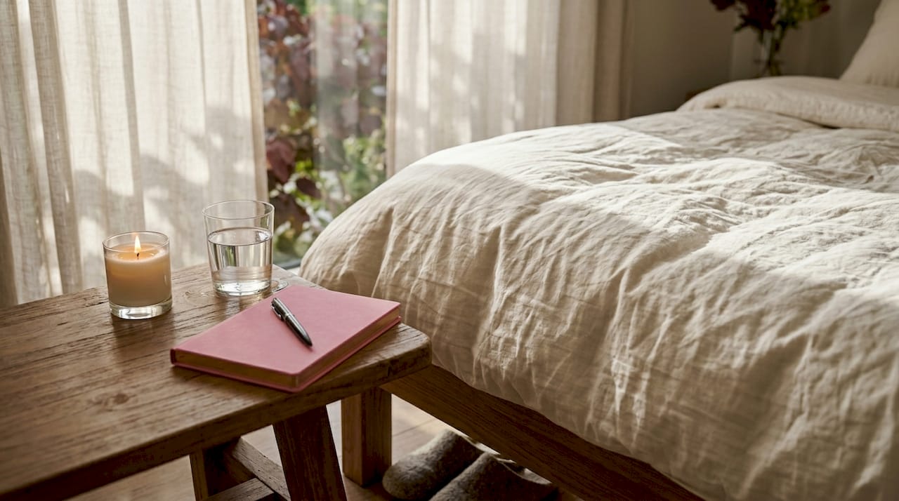 Calm sunlit bedroom with morning skincare ritual props