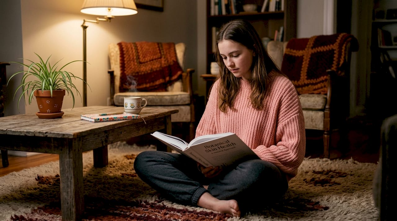 Teen girl reading about skin health at home