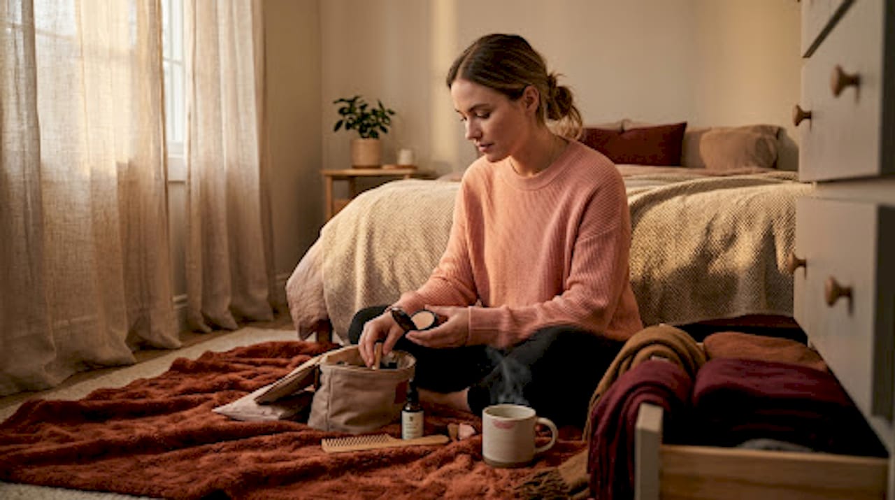 Woman selecting makeup in cozy bedroom setting
