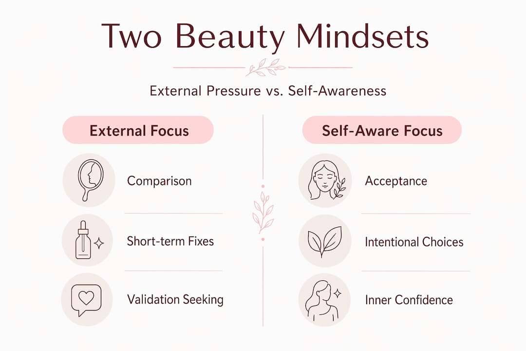 Infographic comparing external versus self-aware beauty mindsets