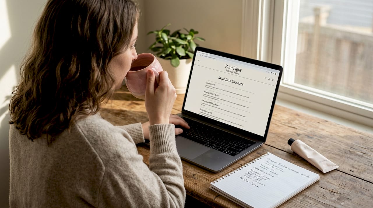 Person checking beauty ingredients online at kitchen table