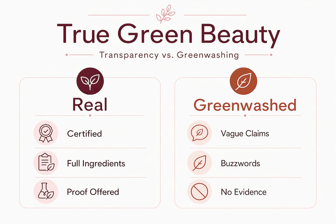 Infographic comparing real green beauty and greenwashing