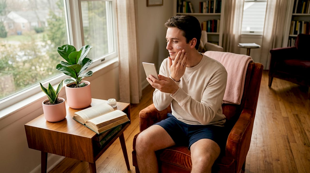 Man applying facial cream in living room