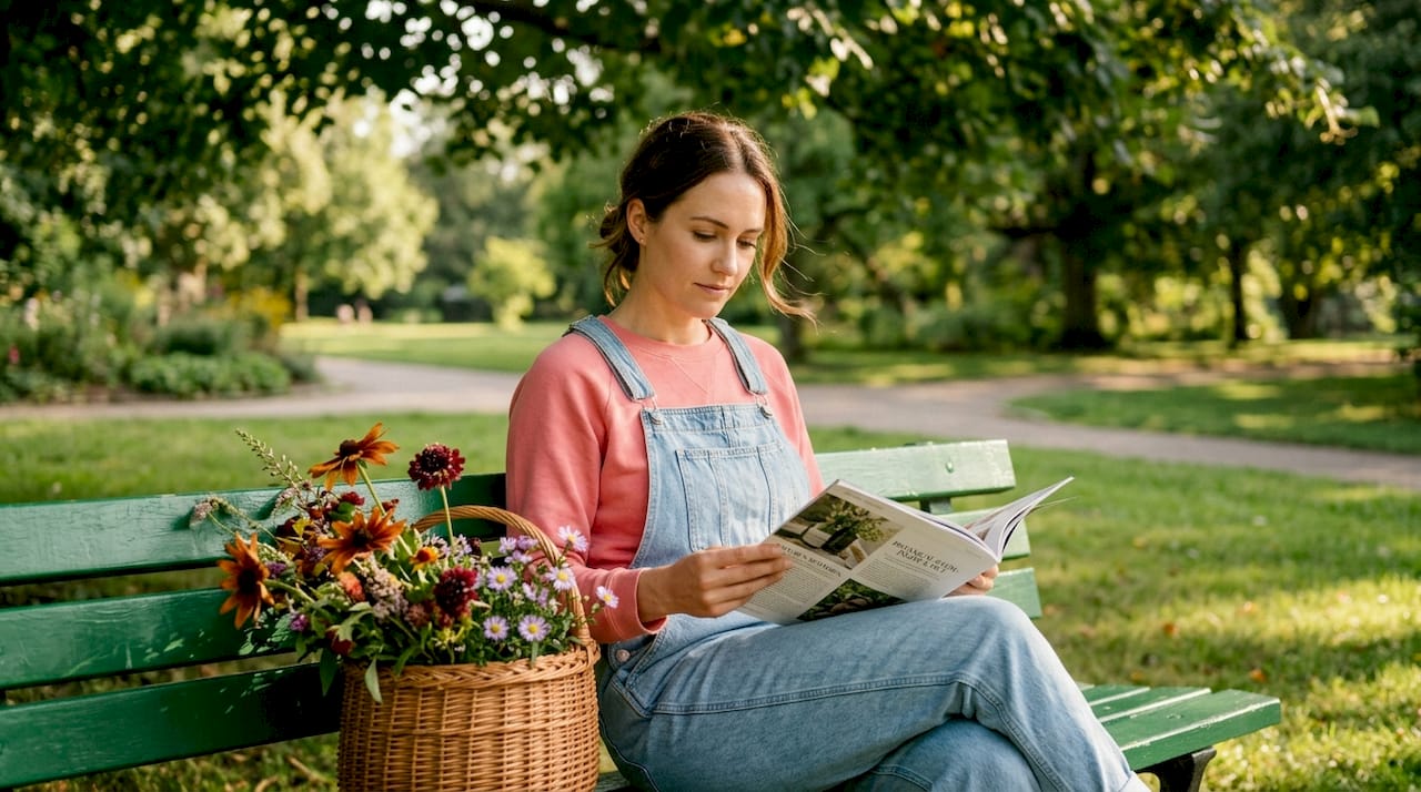 Woman reading health magazine outdoors on bench