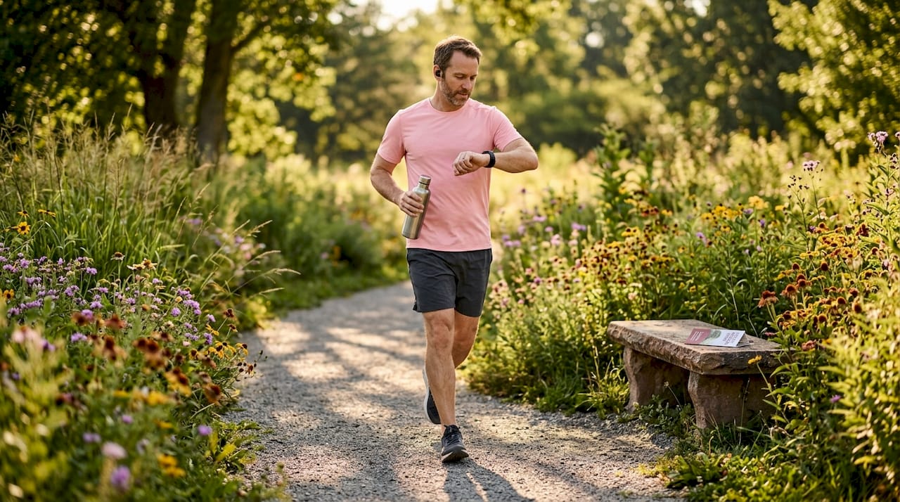 Man walking energetically along park path