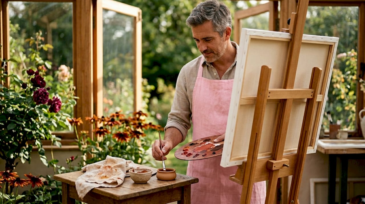 Artist preparing earth pigment palette at window