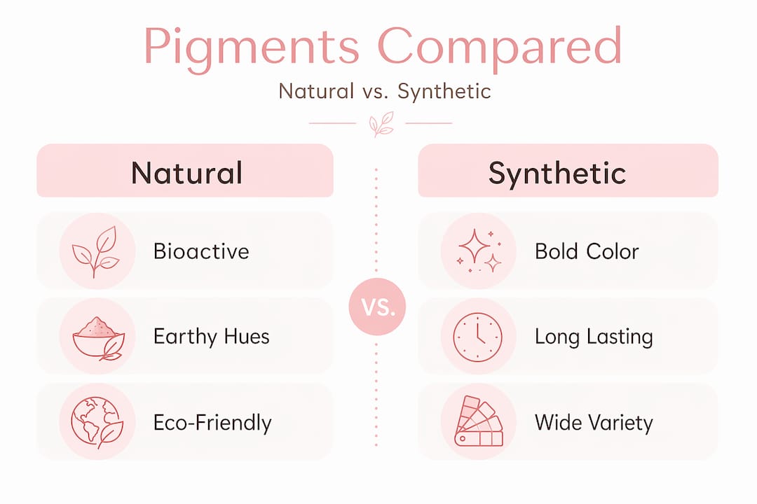 Split infographic comparing natural and synthetic pigments
