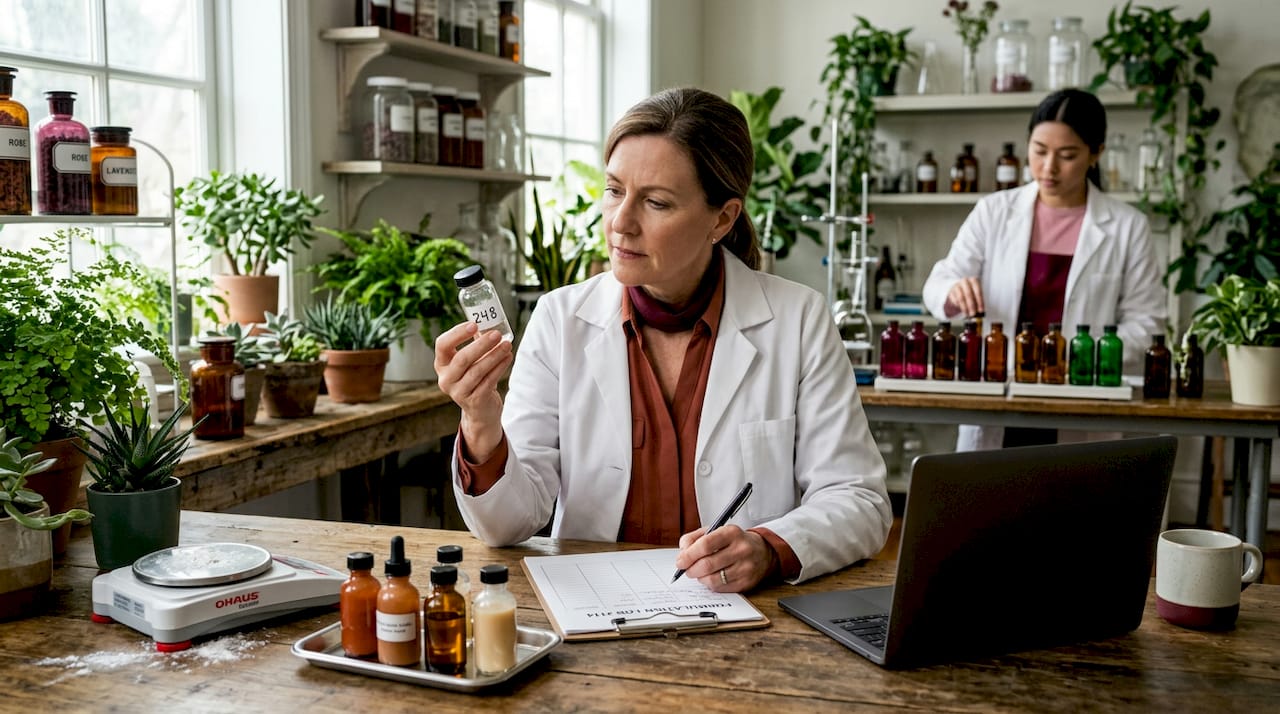 Cosmetic chemist working in laboratory
