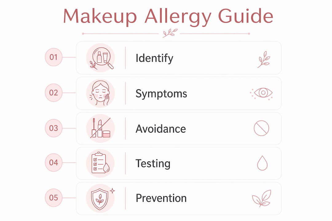 Infographic outlining makeup allergy causes, symptoms, and prevention steps