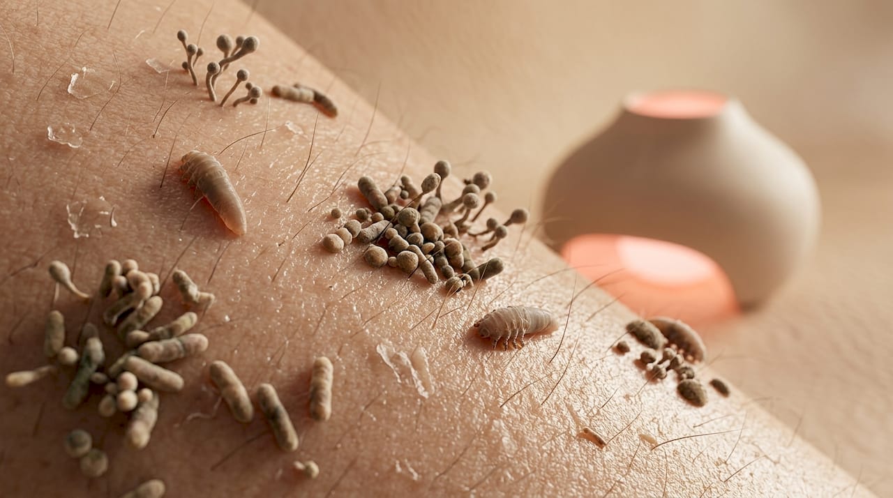 Close-up view of skin microbes on facial skin