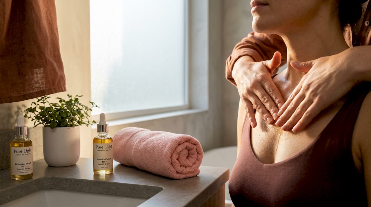 Hands applying botanical serum in bathroom