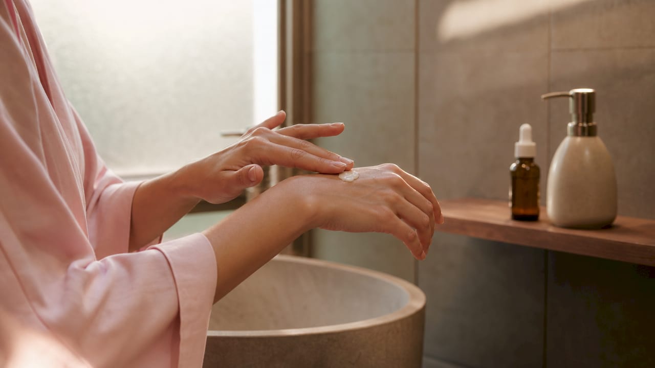 Hands applying gentle moisturizer in bathroom setting