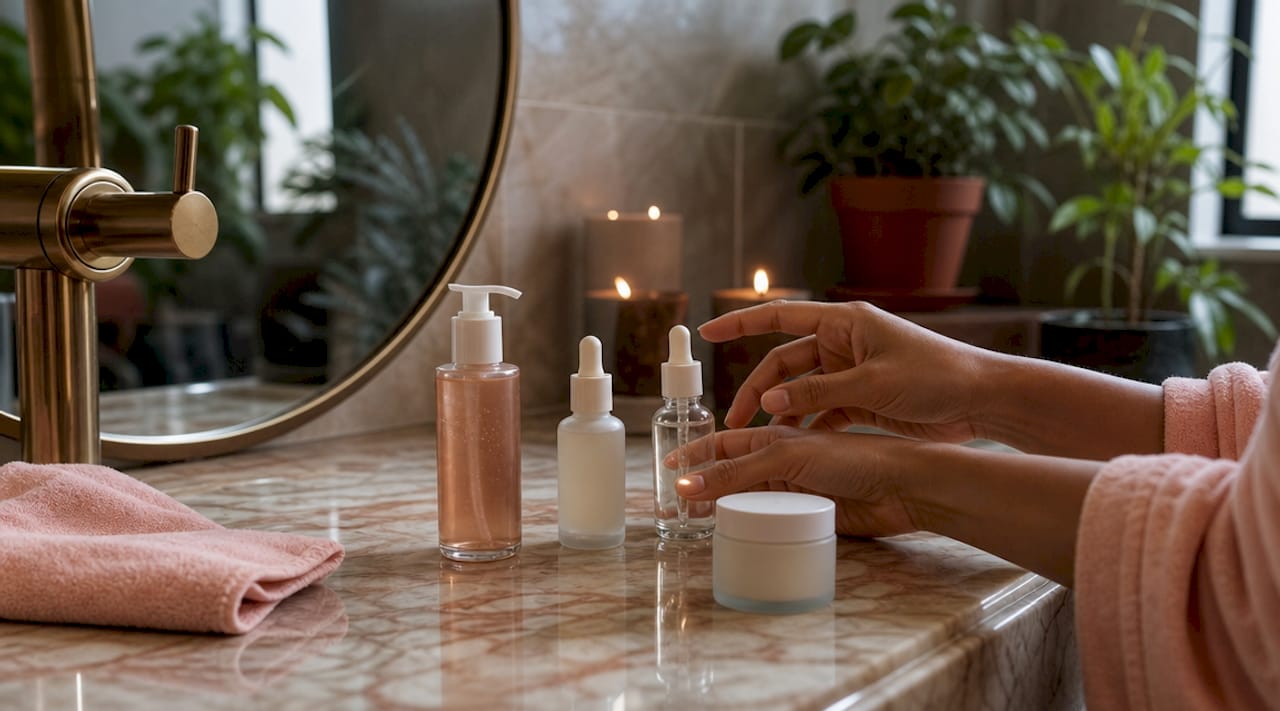 Hands picking up serum bottle on wooden vanity