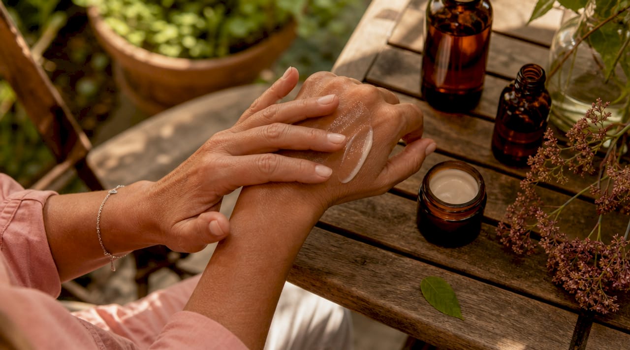 Hands layering botanical skincare products