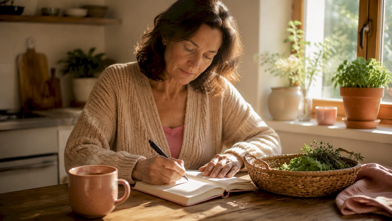 Hands writing beauty affirmations in journal