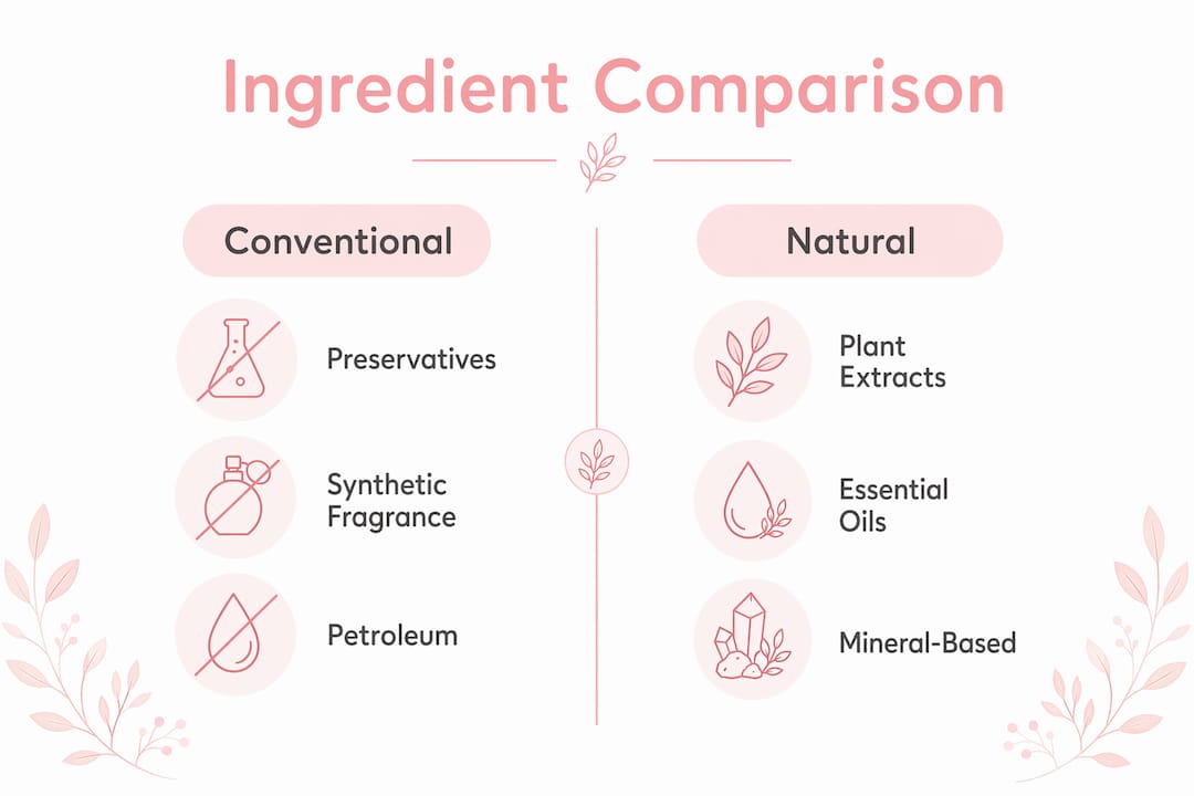 Comparison infographic of conventional and natural makeup ingredients
