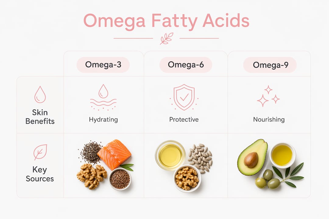 Infographic illustrating omega fatty acid types and benefits