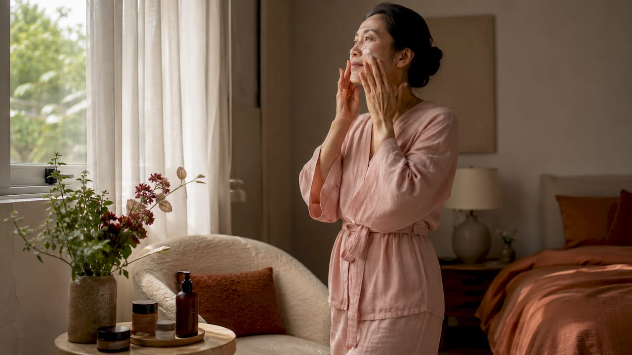 Woman applying moisturizer during skincare routine in bathroom