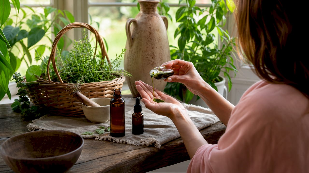 Hands choosing plant-based skincare products on kitchen table