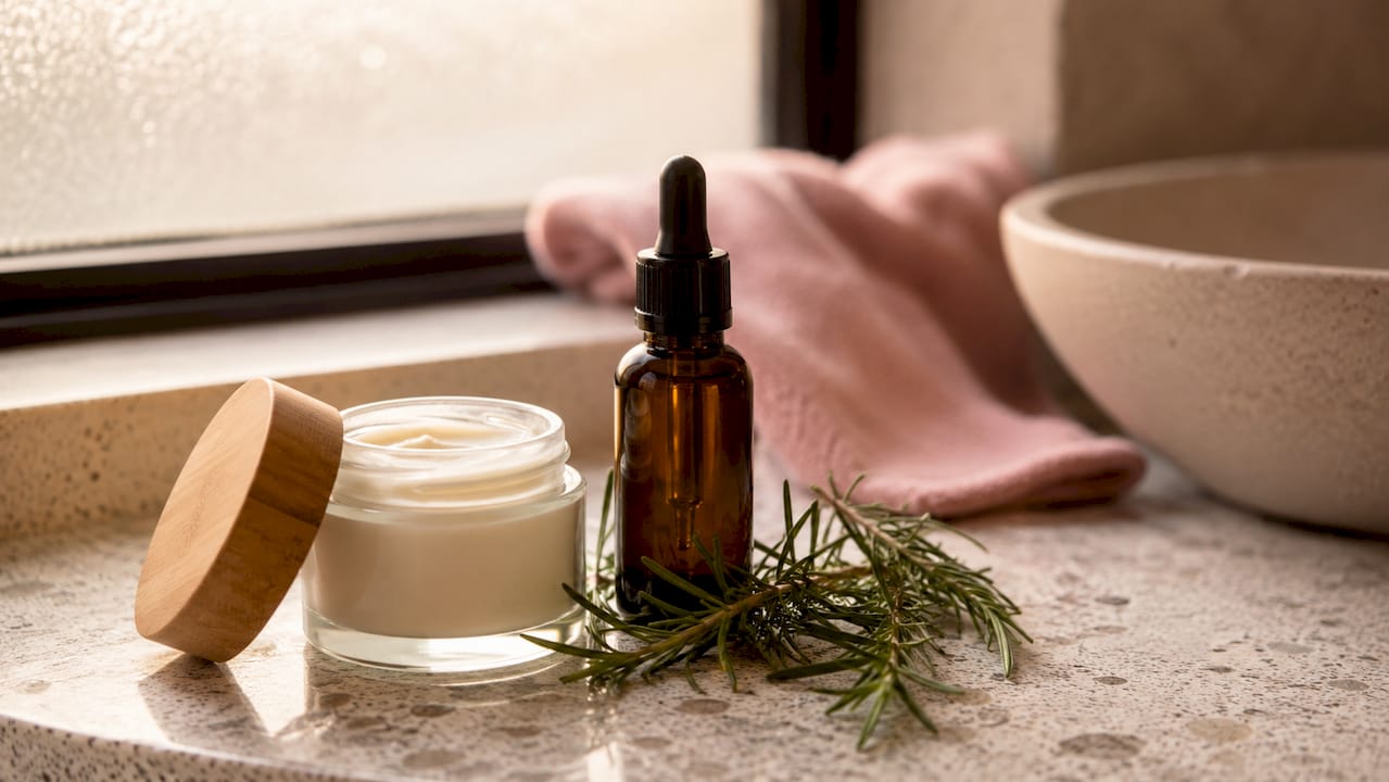 Close-up of botanical skincare products on wooden table