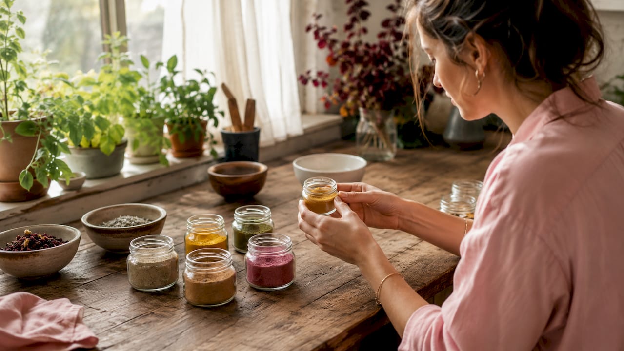 Hands selecting clean beauty ingredients