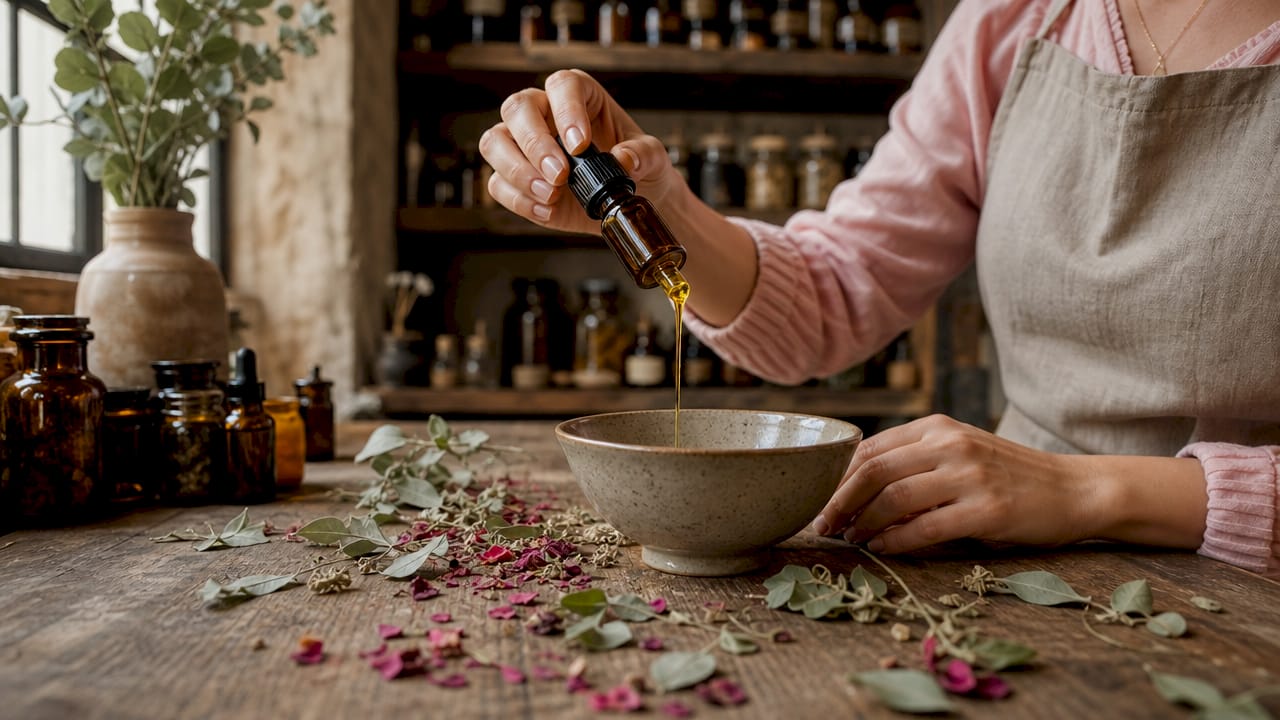 Hands preparing essential oil blend for skin use