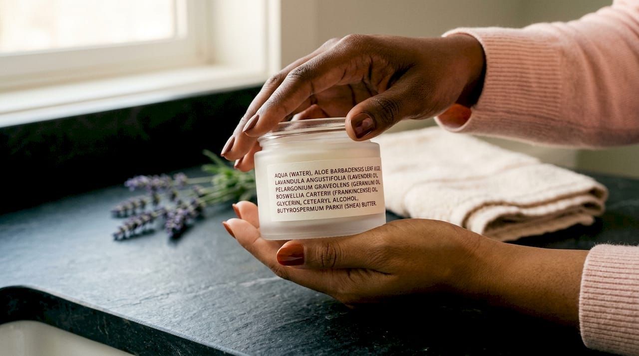 Close-up of hands holding skincare product with ingredient list