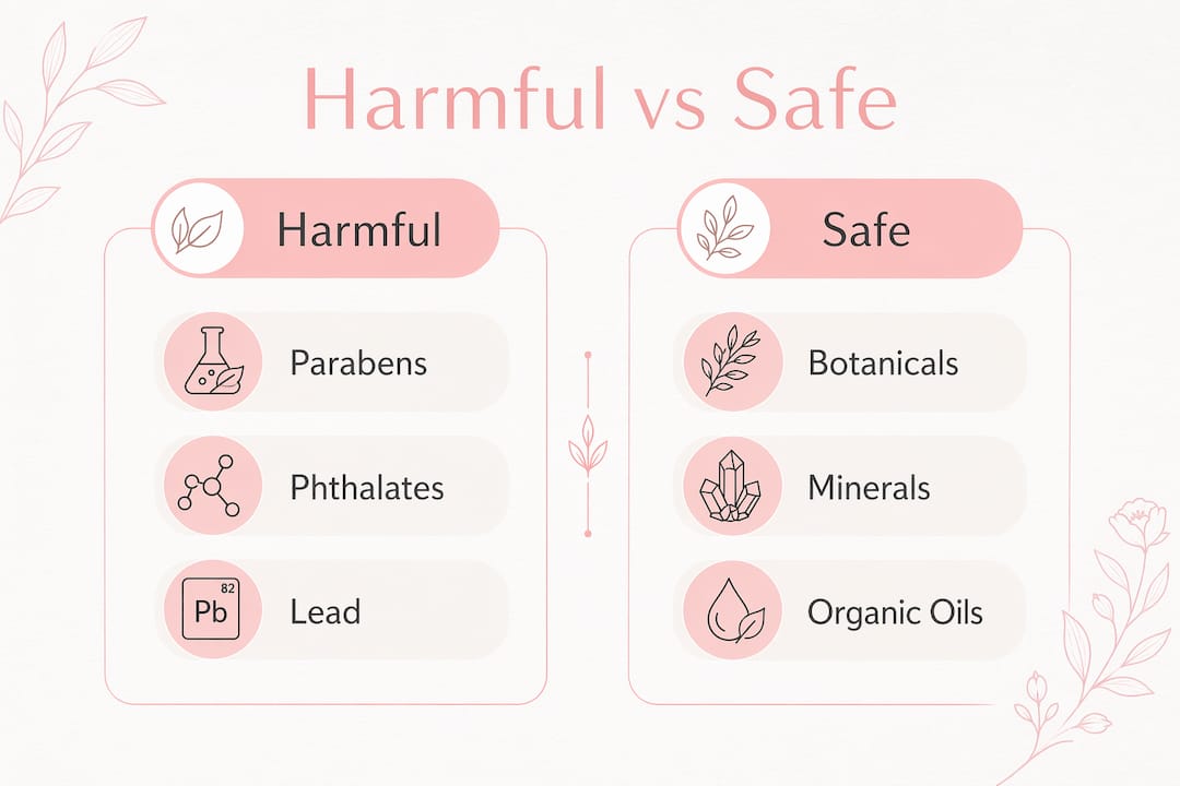 Infographic comparing harmful and safe makeup ingredients