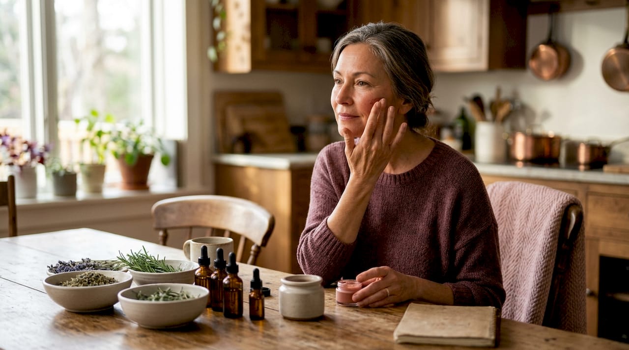 Woman applying botanical cream blush in bathroom