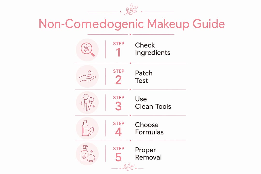 Infographic showing steps for non-comedogenic makeup use